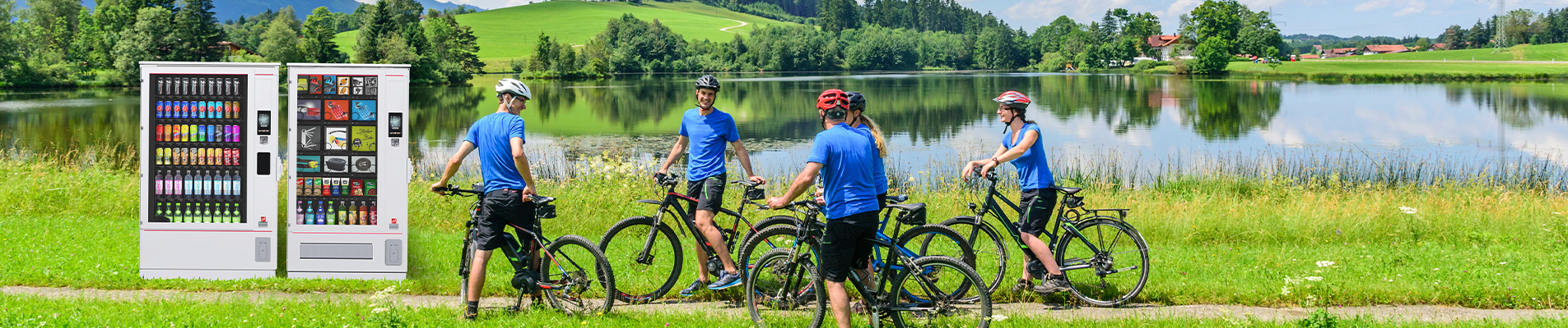 Automaten an einem Wanderweg mit Fahrradfahrern und Joggern