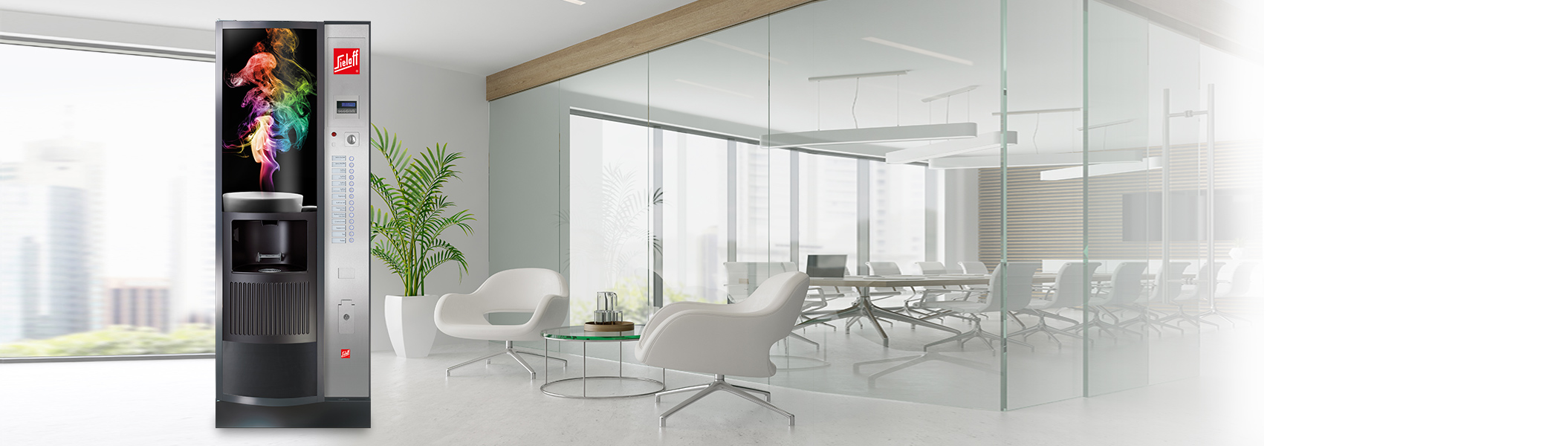 Ein Sielaff Automat der HG Standgeräteserie vor einem Konferenzraum