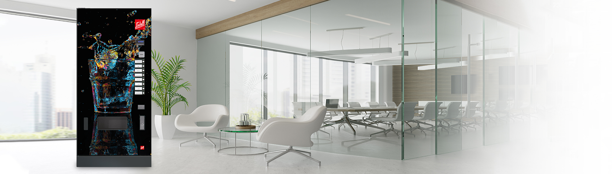  Ein Sielaff Kaltgetränkeautomat der FK-Serie vor einem Konferenzraum