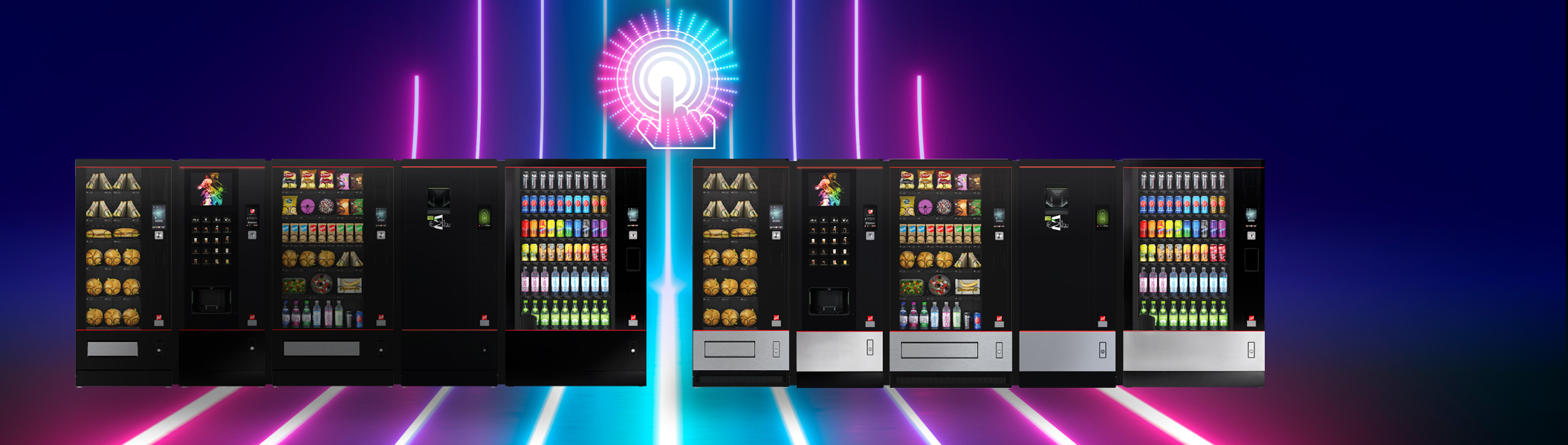 Sielaff-Automaten der Serie SiLine vor abstraktem Hintergrund mit Neonröhren